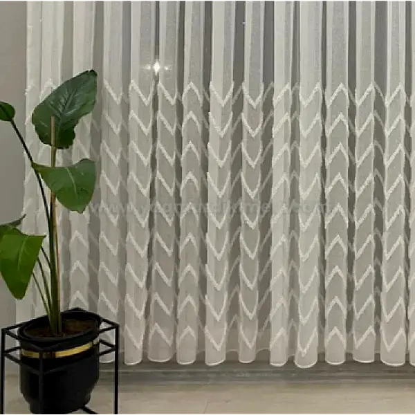  Zigzag desenli püsküllü lüks keten tül perde – ağır gramajlı, dokulu ve modern perde modeli