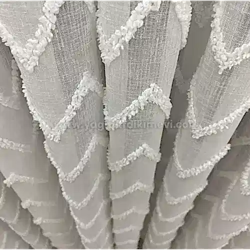  Zigzag Desenli Püsküllü Lüks Keten Tül Perde